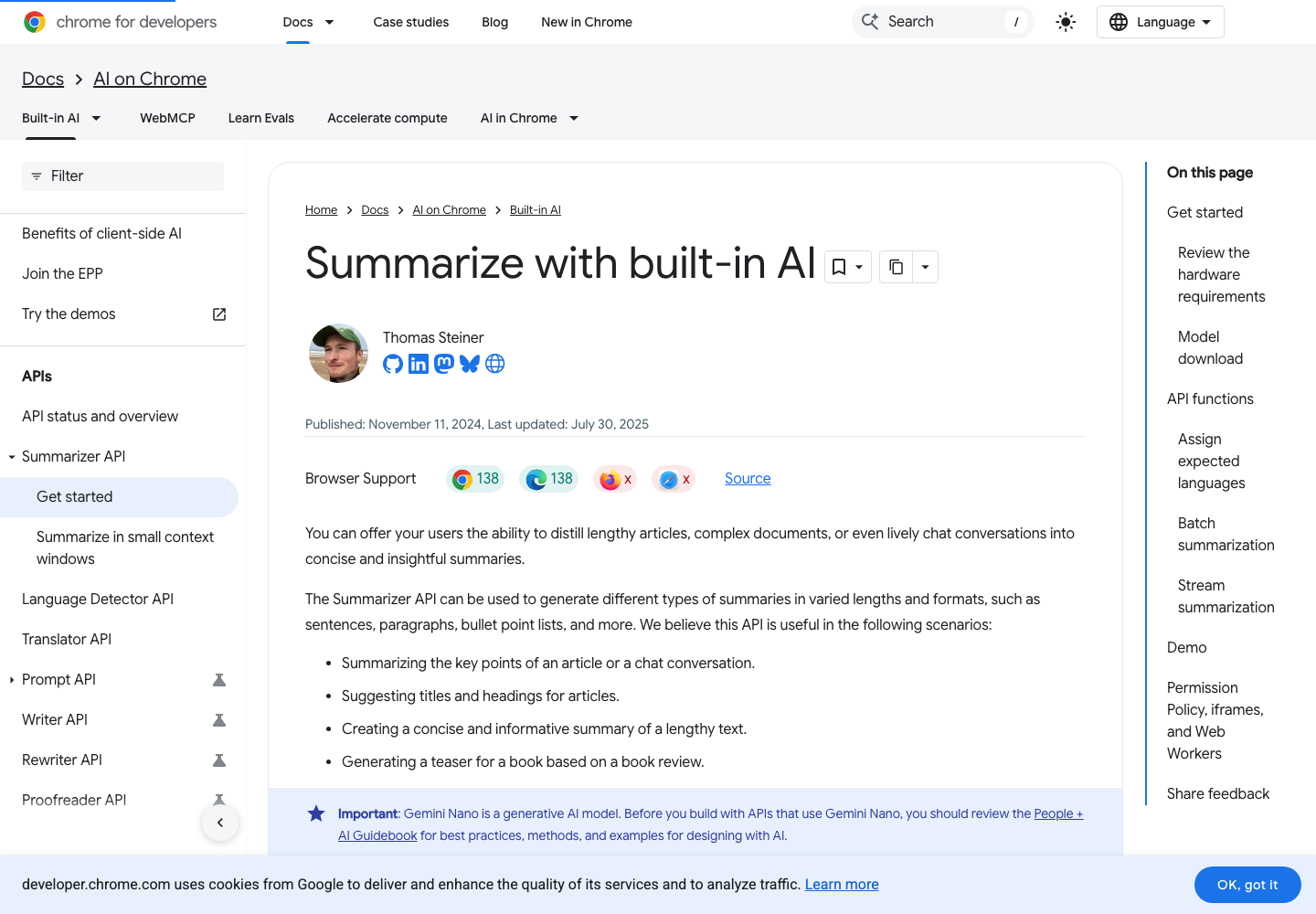 Screenshot of Chrome's Summarizer API documentation