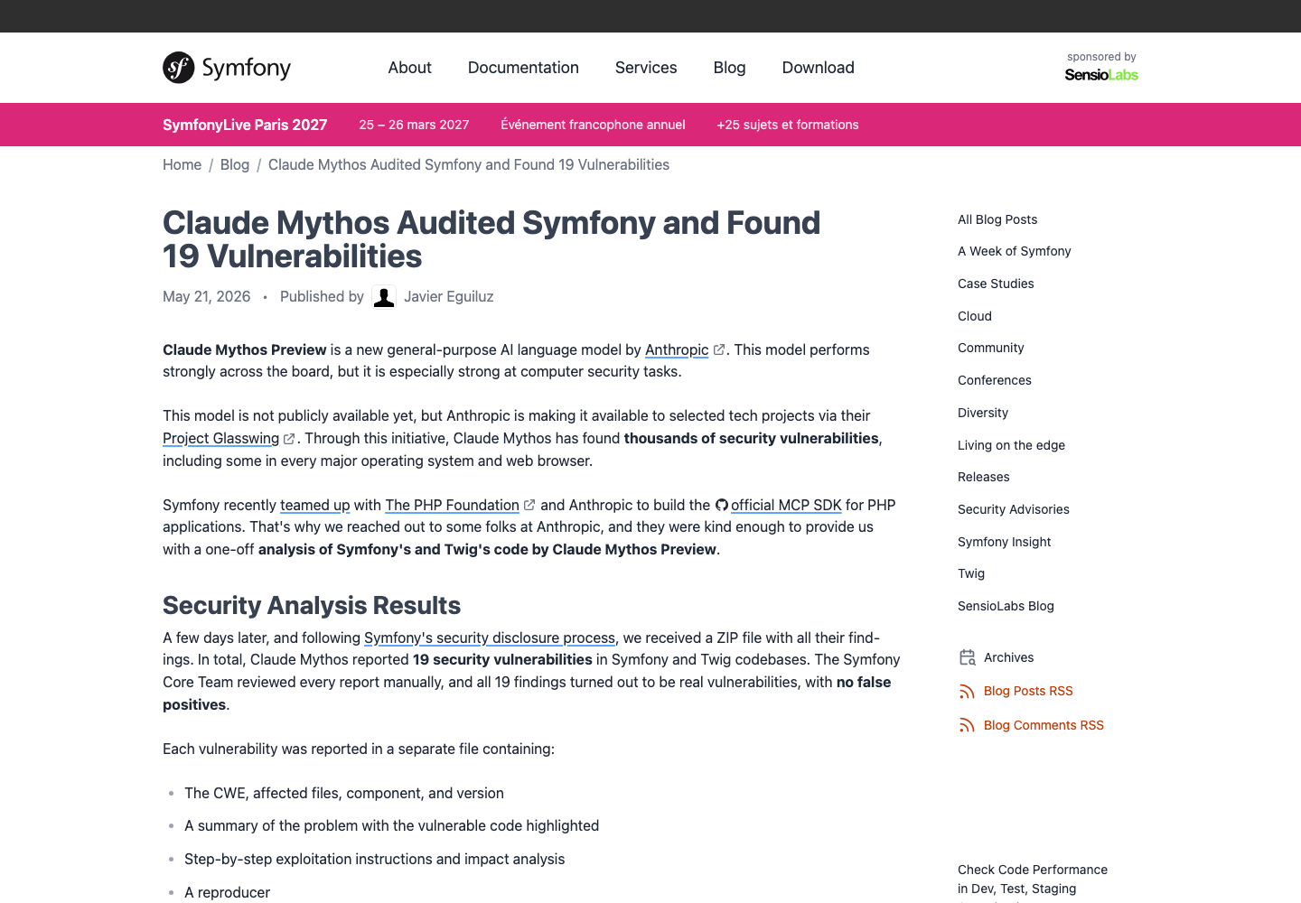Screenshot of the Symfony Claude Mythos audit article